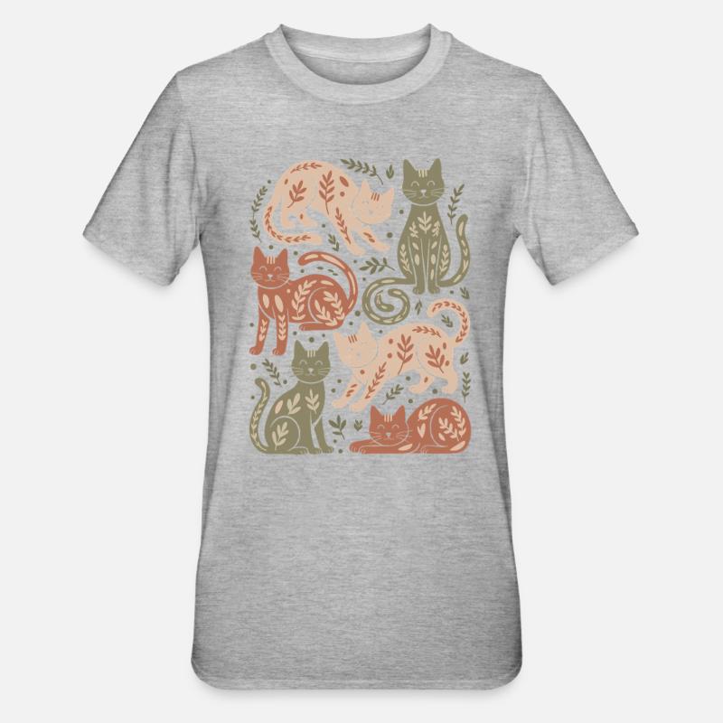 Cat Pattern with Leaf Motifs - Unisex Polycotton T-Shirt - undefined