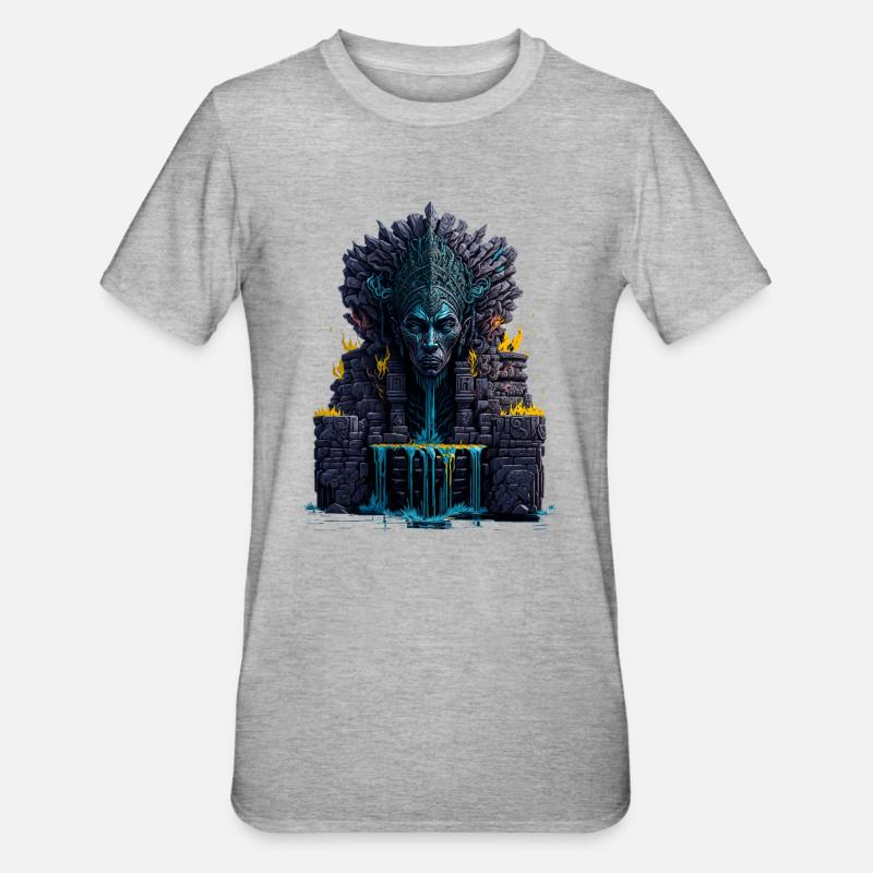 Statue du totem de la tête maya avec eau et feu Elemen - T-shirt polycoton Unisexe - gris chiné