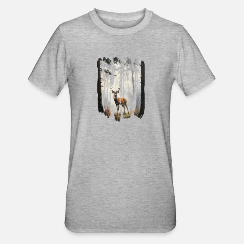 Triptychon Hirsch in nebligen Wäldern - Unisex Polycotton T-Shirt - Grau meliert