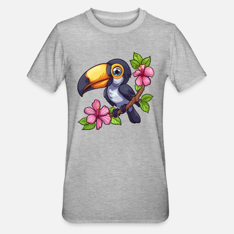 Toucan aux fleurs d’hibiscus - T-shirt polycoton Unisexe - gris chiné