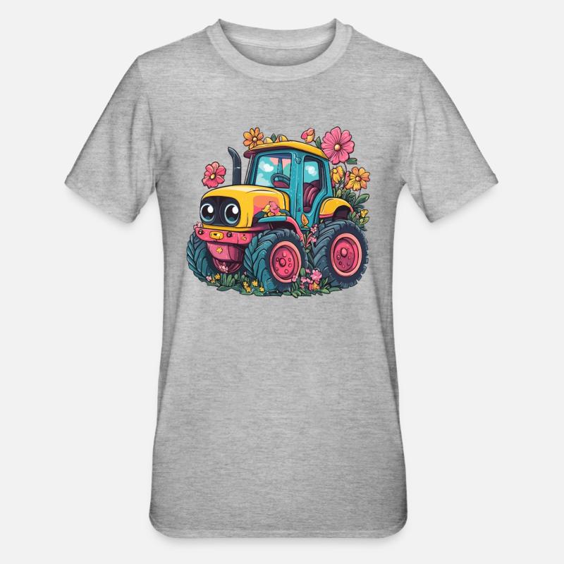 Fröhlicher Blumen-Traktor - Unisex Polycotton T-Shirt - Grau meliert