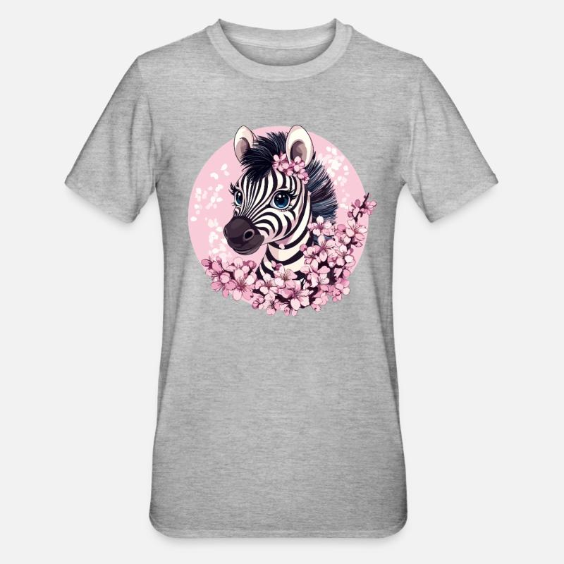 Zebra with cherry blossoms - Unisex Polycotton T-Shirt - heather grey