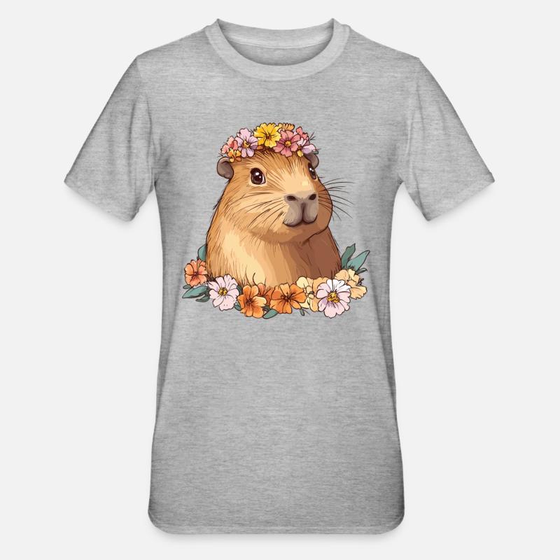 Süßes Capybara mit Blumen - Unisex Polycotton T-Shirt - Grau meliert