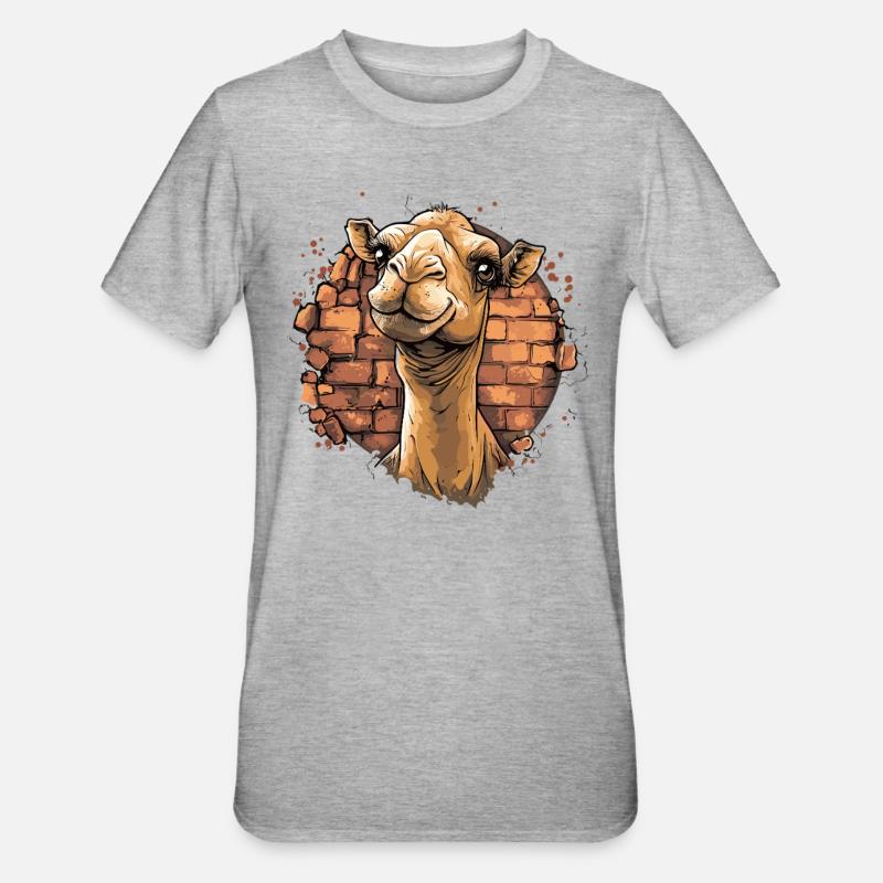 Kamel vor Backsteinmauer - Unisex Polycotton T-Shirt - Grau meliert