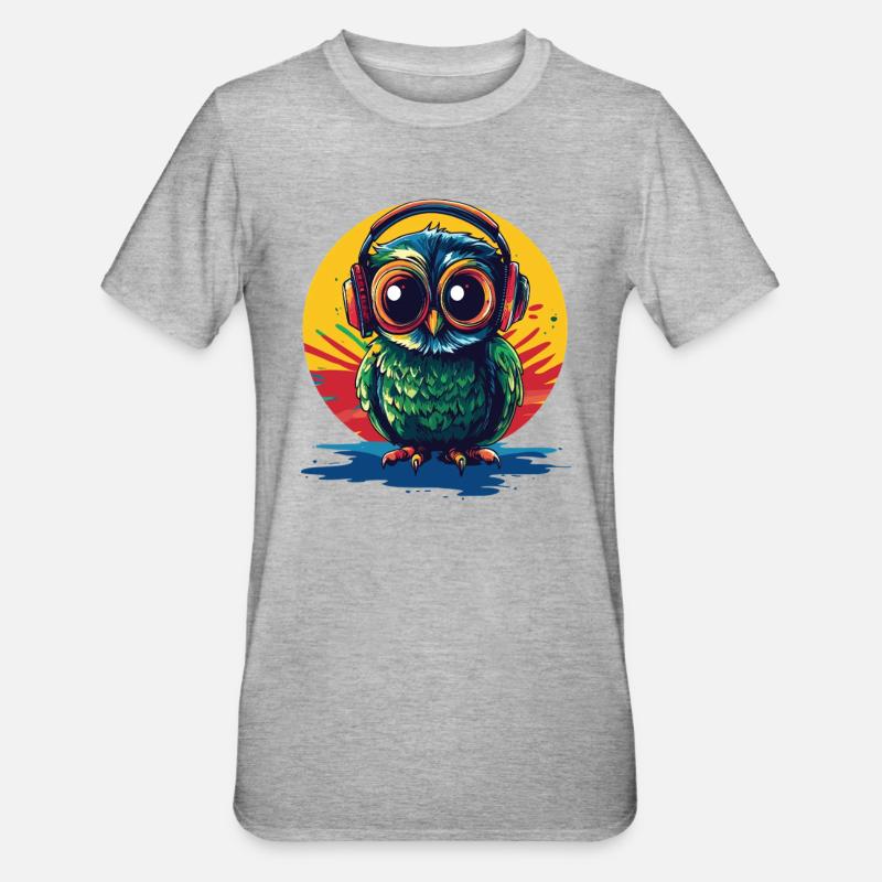 Eule mit Kopfhörern - Unisex Polycotton T-Shirt - Grau meliert