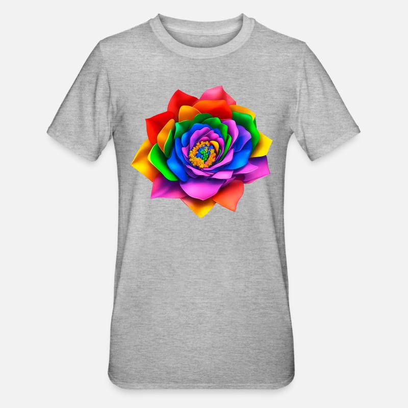 Lebendige 3D Regenbogenblume - Unisex Polycotton T-Shirt - Grau meliert