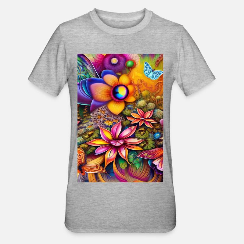 Fleurs et papillon - T-shirt polycoton Unisexe - gris chiné