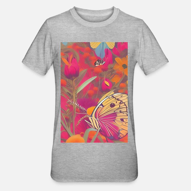Fleurs et papillon - T-shirt polycoton Unisexe - gris chiné