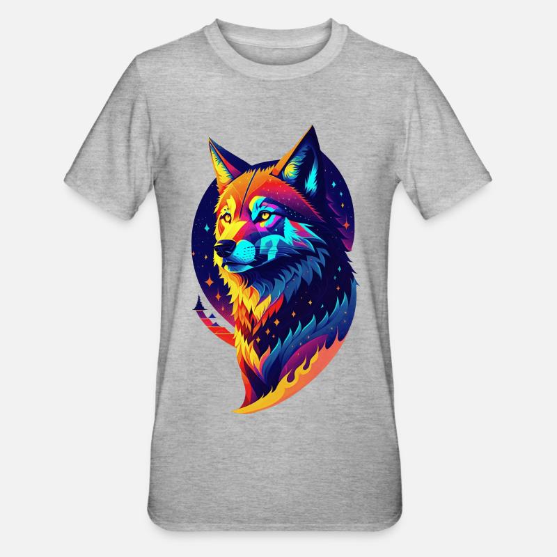 Loup dans la nuit - Décor Multicolore - T-shirt polycoton Unisexe - gris chiné