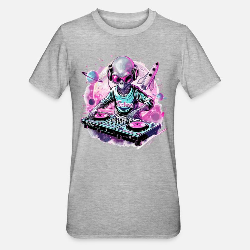 Techno DJ Alien Rave Dance Dancefloor - Unisex Polycotton T-Shirt - Grau meliert