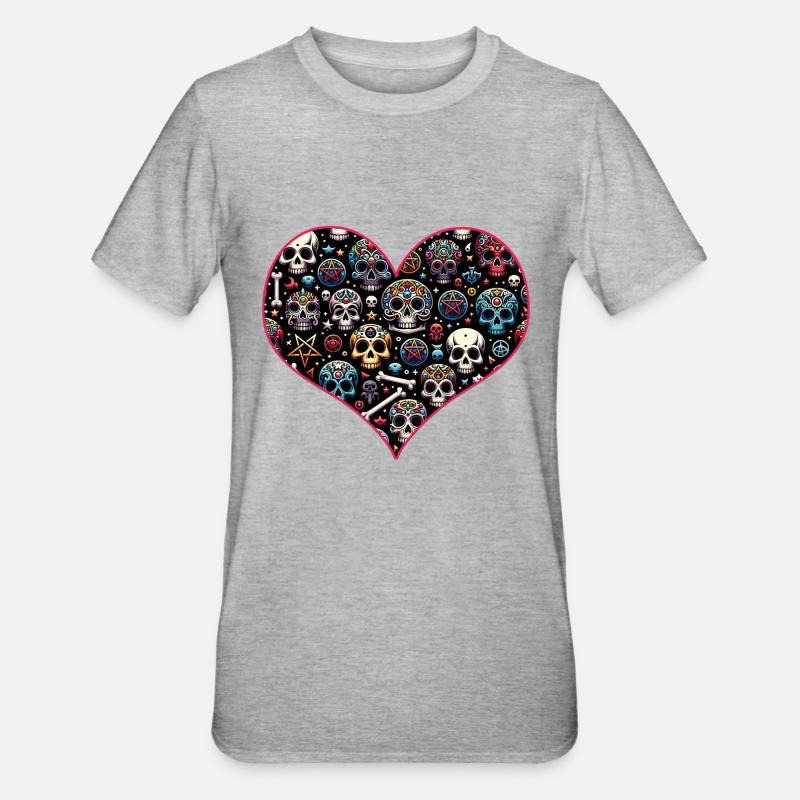 Buntes dekoratives Skullmuster - Unisex Polycotton T-Shirt - Grau meliert