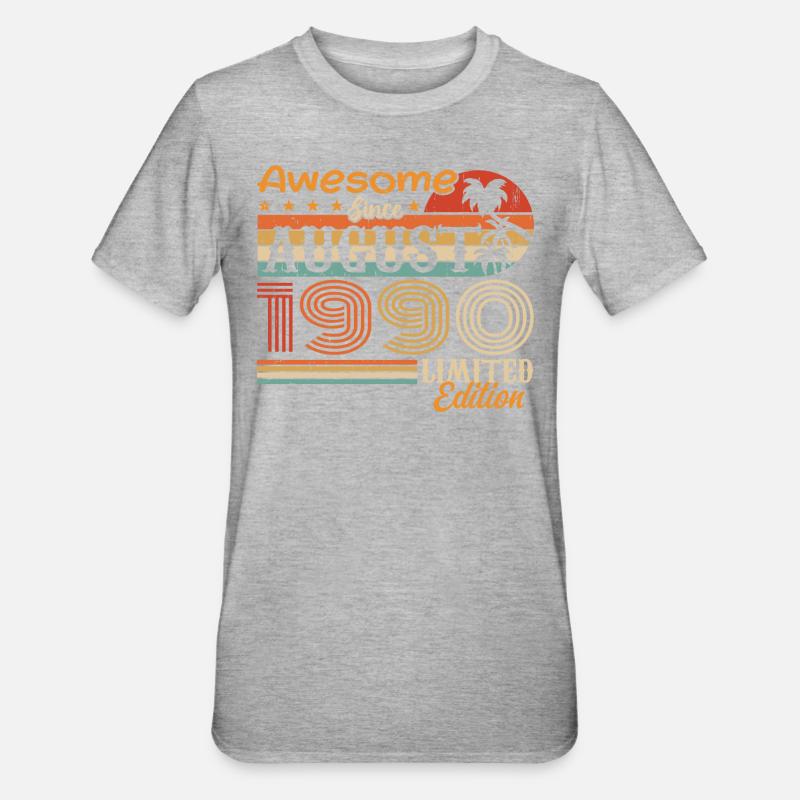 1990 August Geschenkidee August 1990 - Unisex Polycotton T-Shirt - Grau meliert