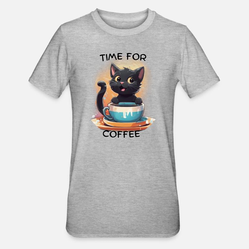 Katze mit Kaffee - Unisex Polycotton T-Shirt - Grau meliert