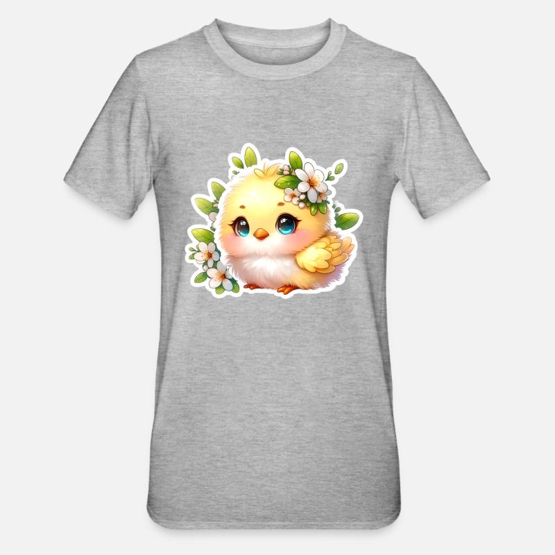 Poussin de Pâques doux avec des fleurs de printemps - T-shirt polycoton Unisexe - gris chiné