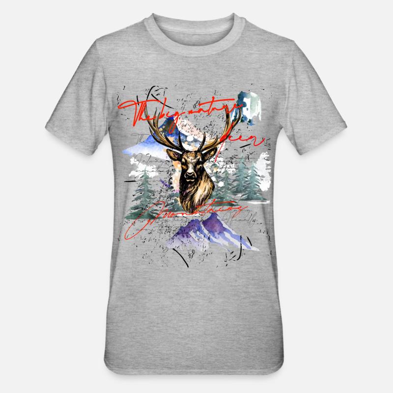 Hirsch Hirschgeweih Berge Geschenkidee - Unisex Polycotton T-Shirt - Grau meliert