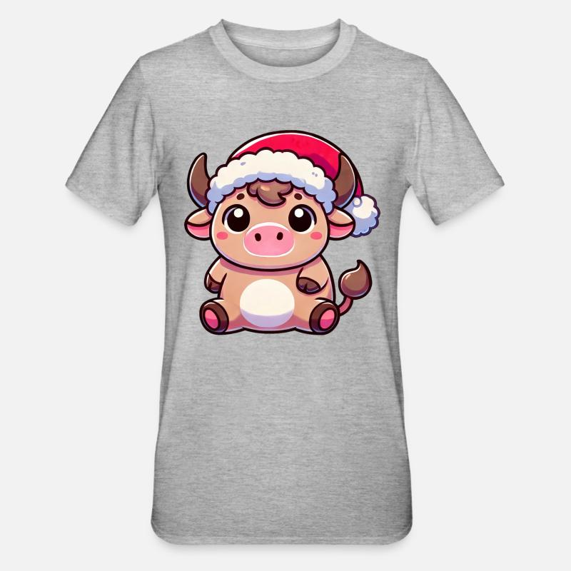 Süße Chibi Weihnachtskuh Cartoon Design - Unisex Polycotton T-Shirt - Grau meliert