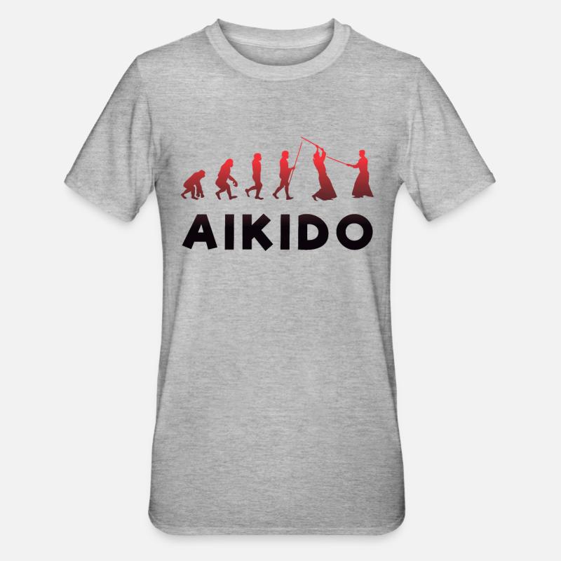 Évolution singe vers combattant Aikido sabre rouge - T-shirt polycoton Unisexe - gris chiné