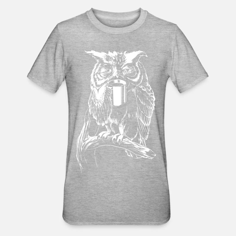 Kaffee- Eule - Unisex Polycotton T-Shirt - Grau meliert