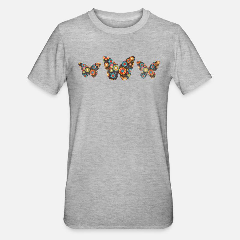 Fleurs papillon papillon coloré - T-shirt polycoton Unisexe - gris chiné