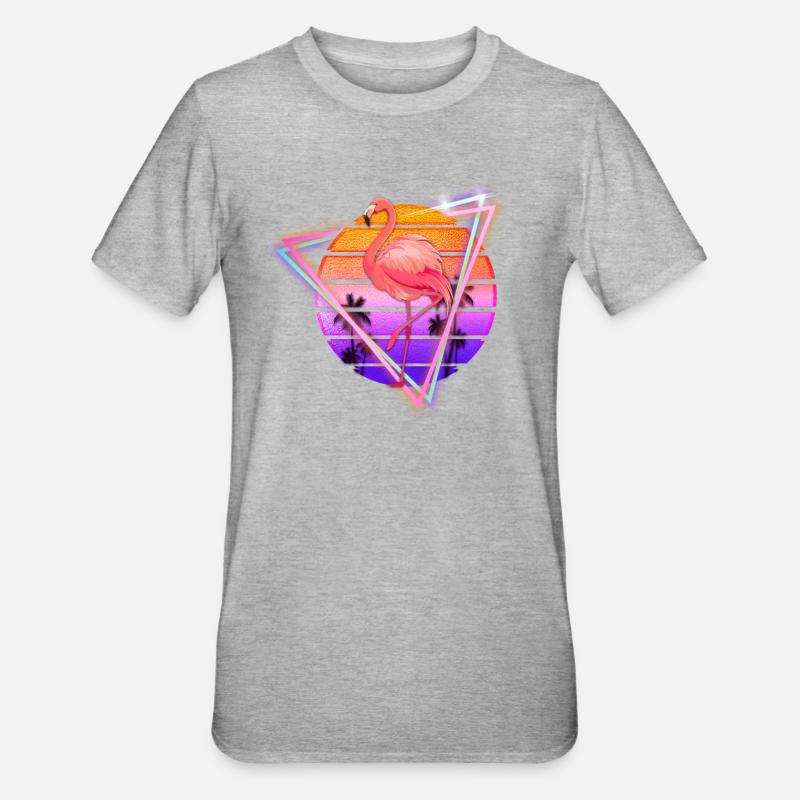 Flamingo Synthwave Retro Oldschool Geschenk - Unisex Polycotton T-Shirt - Grau meliert