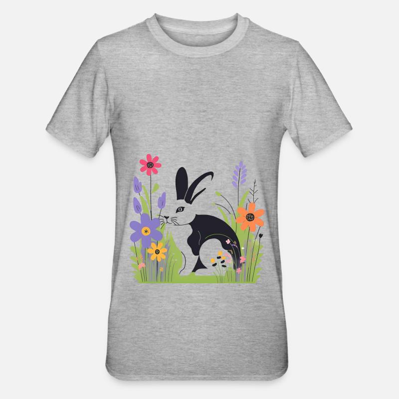 Lapin dans la prairie avec des fleurs - T-shirt polycoton Unisexe - gris chiné