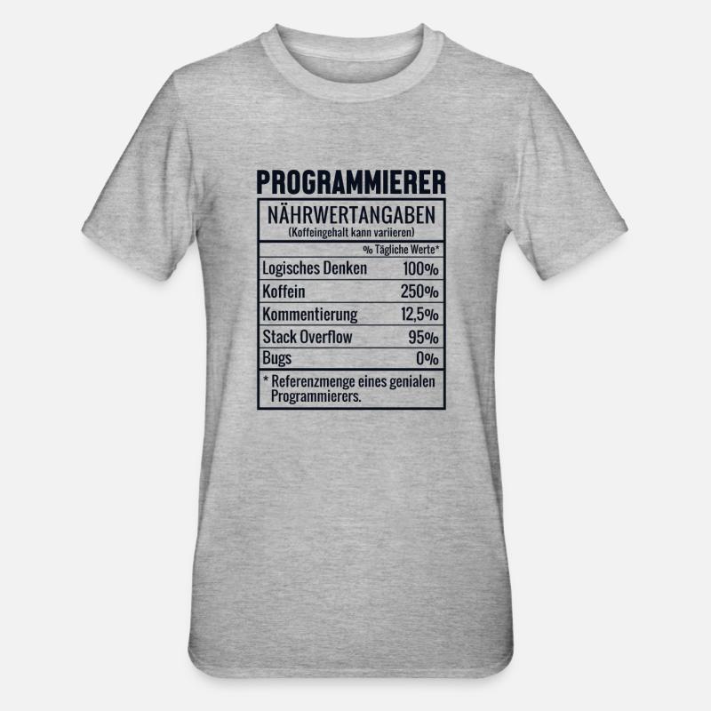Programmierer Nährwertangaben Developer Coder - Unisex Polycotton T-Shirt - Grau meliert