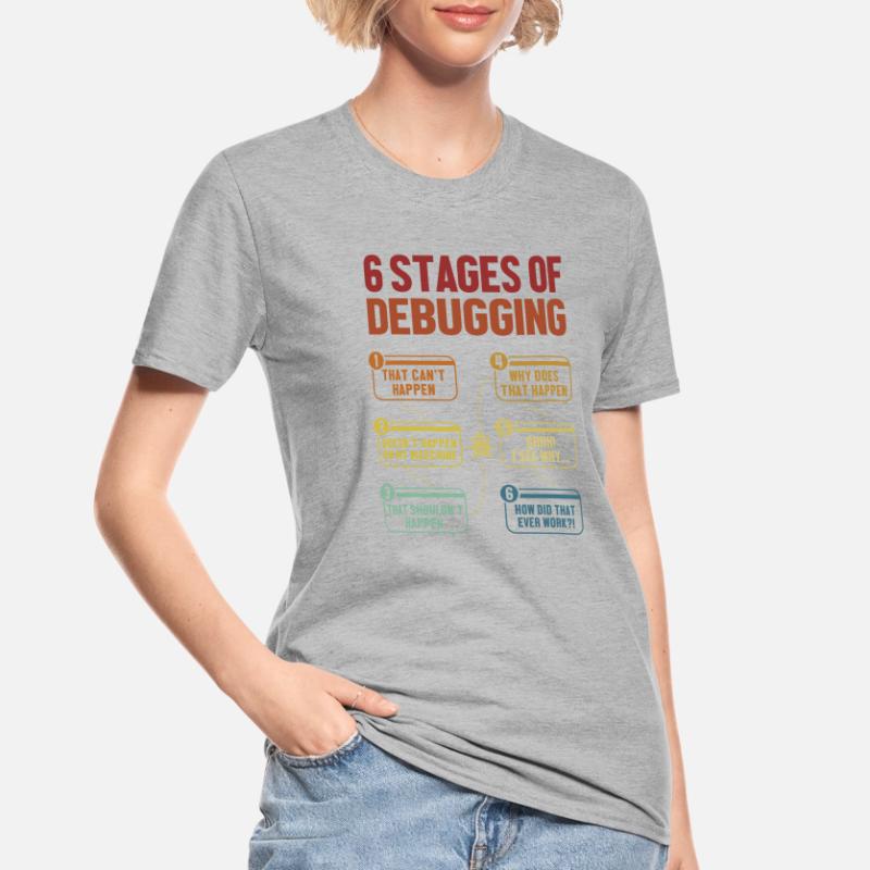 6 Stages of Debugging Softwareingenieur Coder Unisex Polycotton T-Shirt