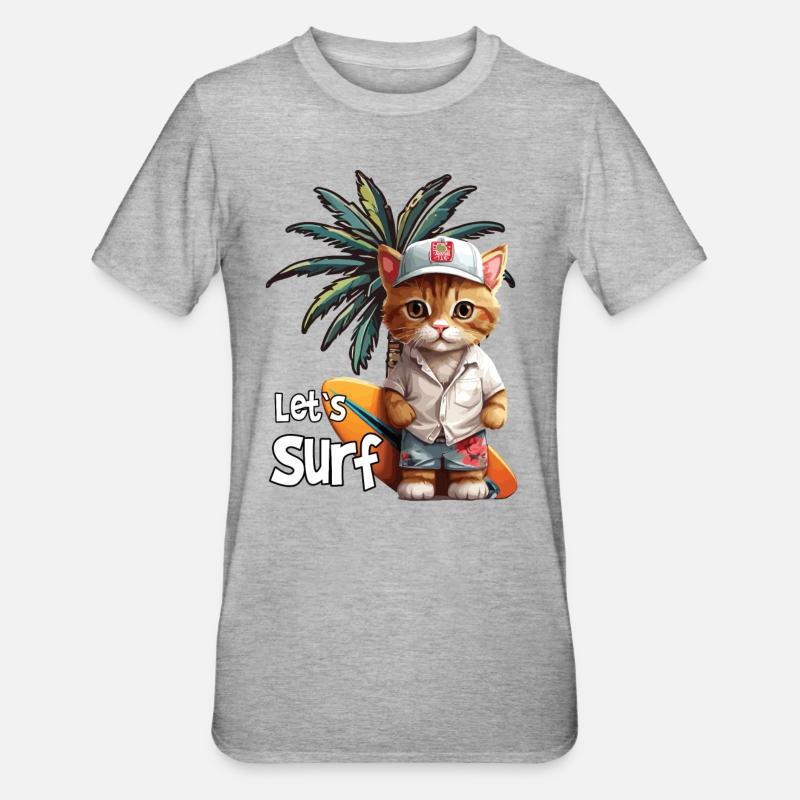 Let`s Surf Katze mit Surfbrett - Unisex Polycotton T-Shirt - Grau meliert