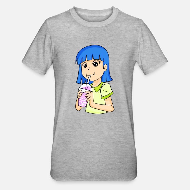 Anime Mädchen mit bubble tea - Unisex Polycotton T-Shirt - Grau meliert