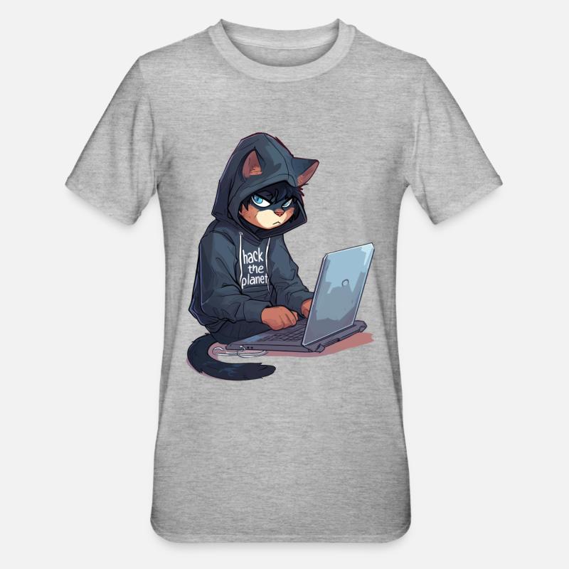 Cyber Hacker Cat Hackerkatze - Unisex Polycotton T-Shirt - Grau meliert