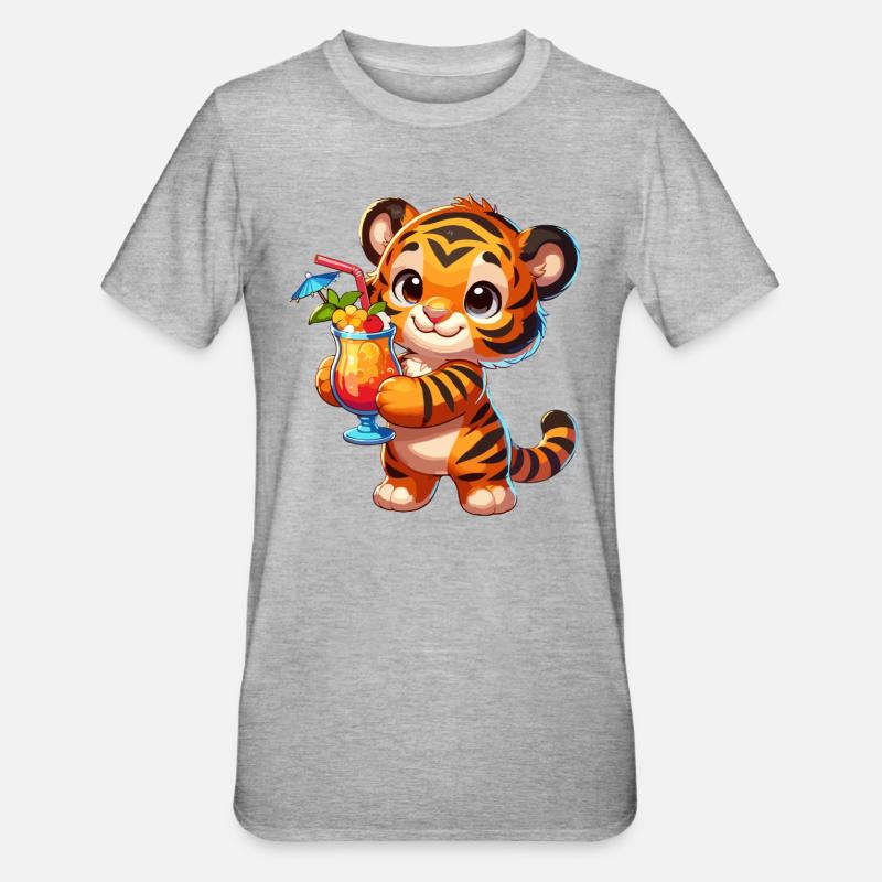 Tigre mignon avec boisson - T-shirt polycoton Unisexe - gris chiné