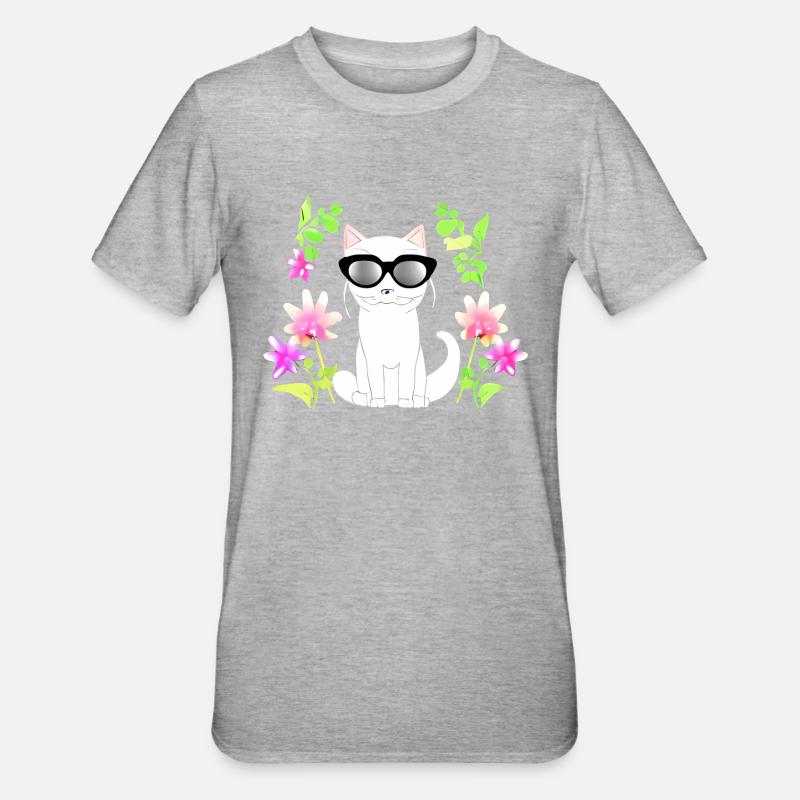 Chat avec fleur - T-shirt polycoton Unisexe - gris chiné