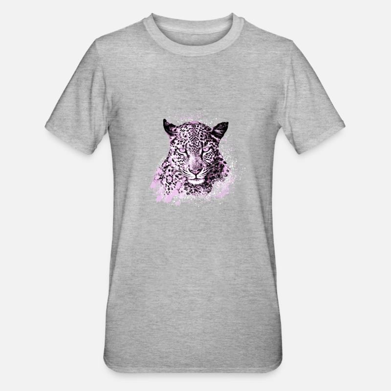 léopard de neige,chat,léopard,rose,chat sauvage - T-shirt polycoton Unisexe - gris chiné