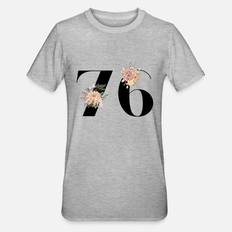76e anniversaire fleuris (Cadeau de 76 ans) - T-shirt polycoton Unisexe - gris chiné