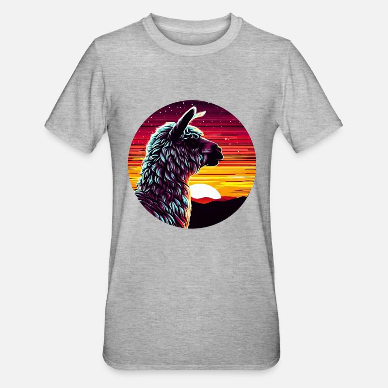 Lama Alpaca Sunset Side View - Unisex Polycotton T-Shirt - heather grey