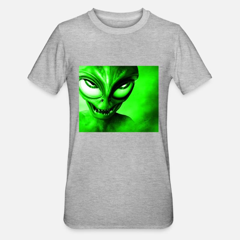 Alien with Sharp Teeth Design - Green - Unisex Polycotton T-Shirt - heather grey