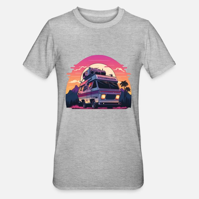 Synthwave Camper coucher de soleil - T-shirt polycoton Unisexe - gris chiné