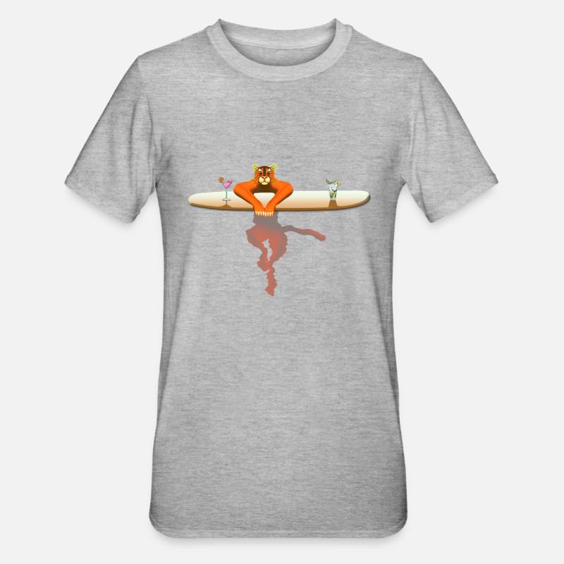 Chat sur une planche de surf - T-shirt polycoton Unisexe - gris chiné