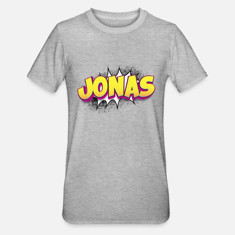 Jonas Benutzerdefinierter Name Comic-Stil Pop-Art, Jonas - Unisex Polycotton T-Shirt - Grau meliert