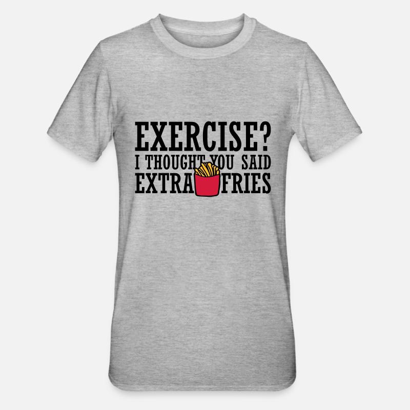 Exercise Extra Fries Zitat - Unisex Polycotton T-Shirt - Grau meliert