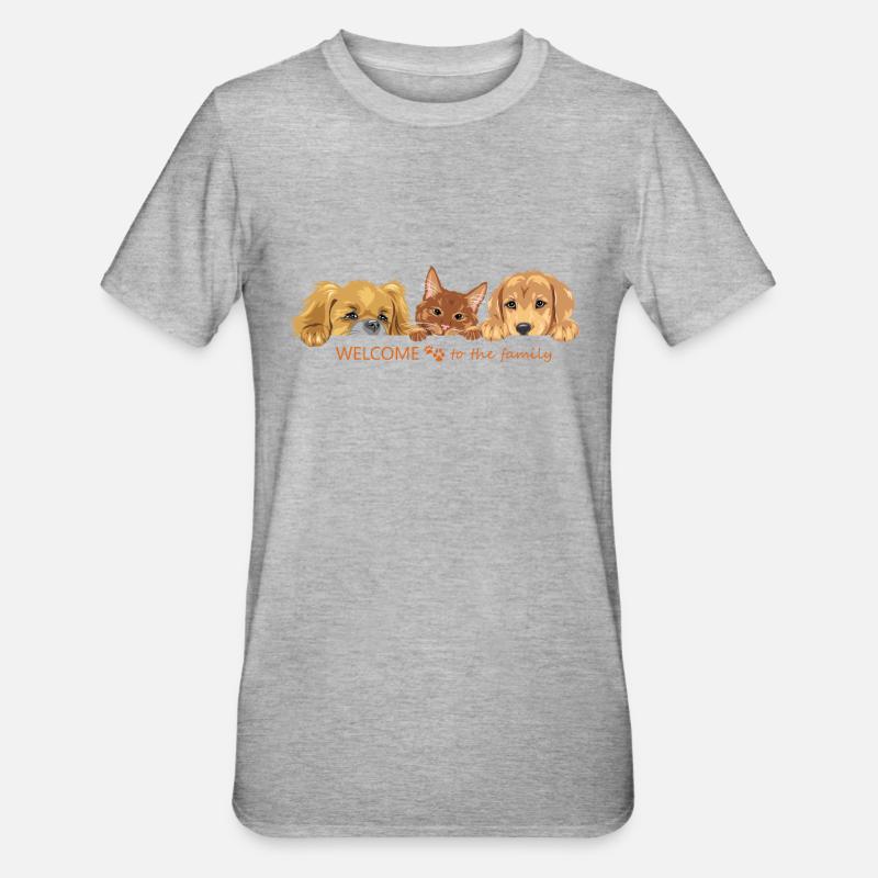 Coup d’œil mignon chat roux et deux chiens - T-shirt polycoton Unisexe - gris chiné