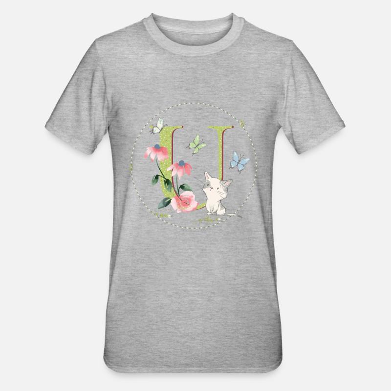 Lettre initiale U avec chat - T-shirt polycoton Unisexe - gris chiné