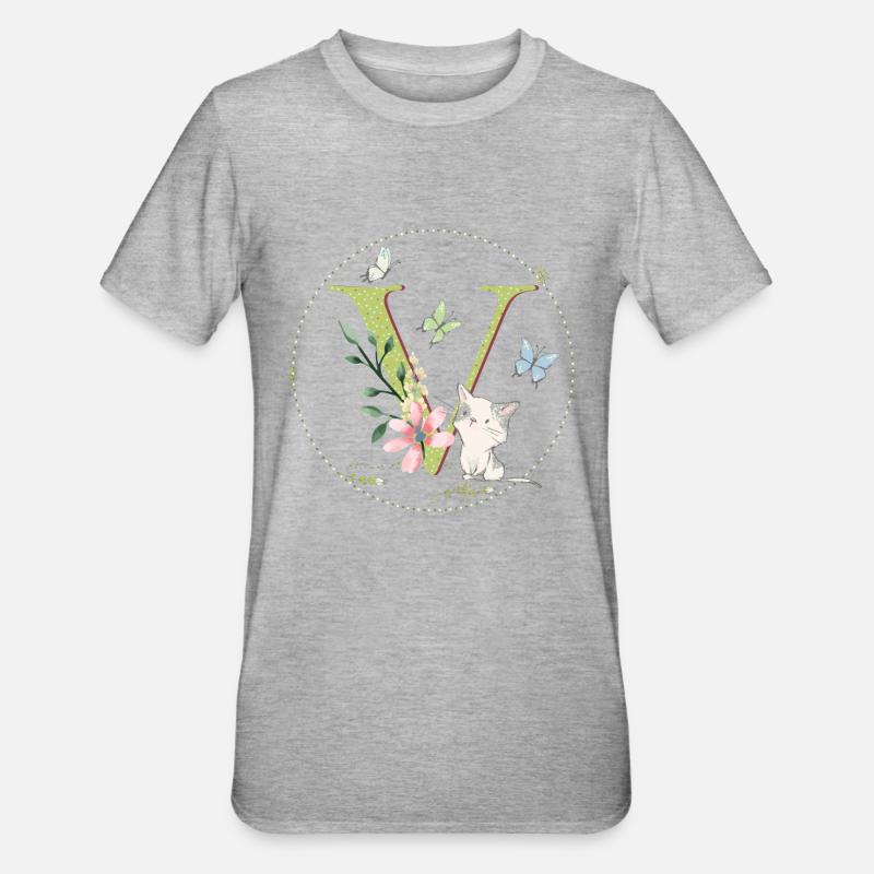 Anfangsbuchstabe V mit Katze - Unisex Polycotton T-Shirt - Grau meliert
