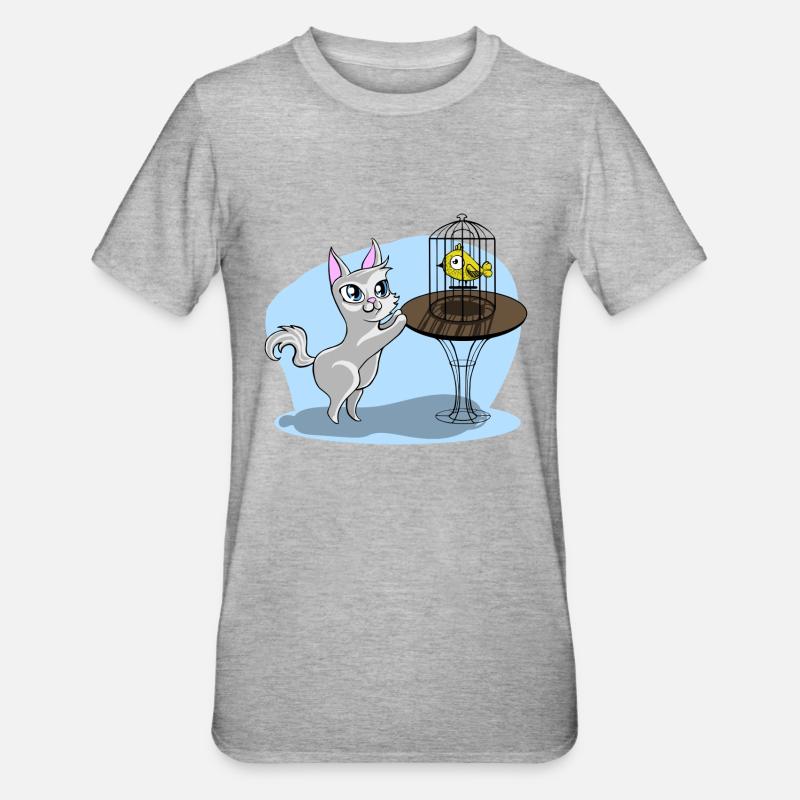 Chat avec oiseau - T-shirt polycoton Unisexe - gris chiné