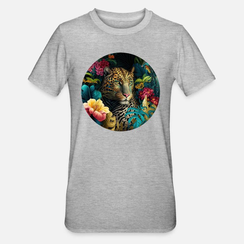 Fleurs de la jungle léopard - T-shirt polycoton Unisexe - gris chiné