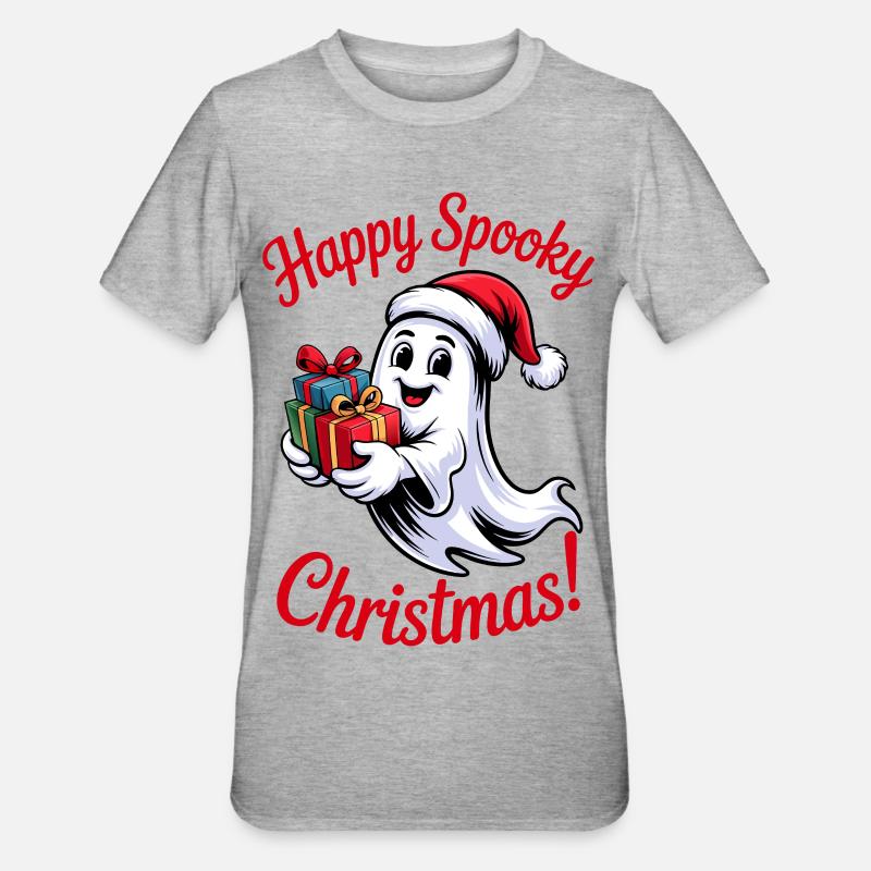 Fröhlicher Spukgeist mit Geschenken - Unisex Polycotton T-Shirt - Grau meliert