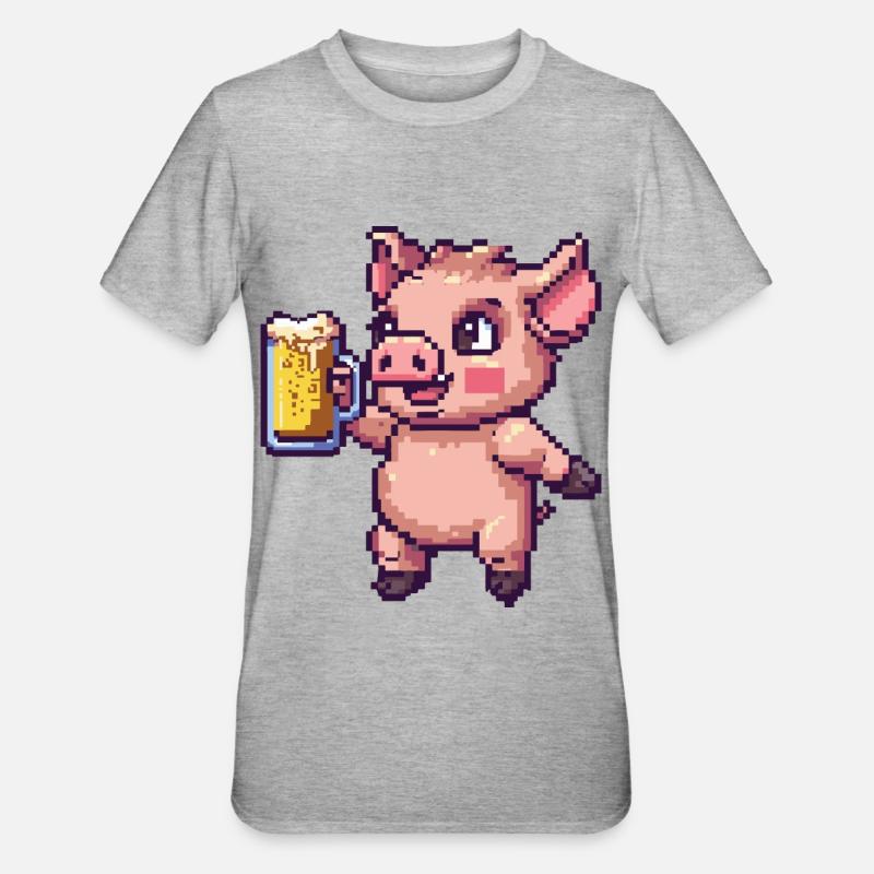 Schwein Bier Pixel - Unisex Polycotton T-Shirt - Grau meliert