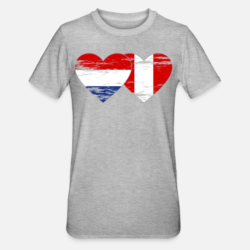 Hollande Pérou drapeau coeur utilisé - T-shirt polycoton Unisexe - gris chiné