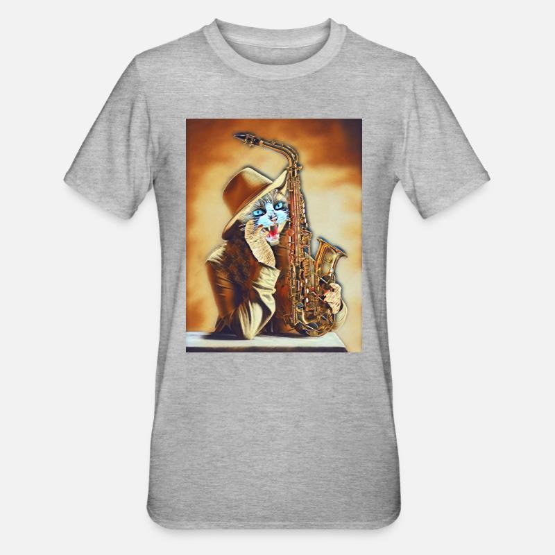 Chat qui joue du Saxo - T-shirt polycoton Unisexe - gris chiné