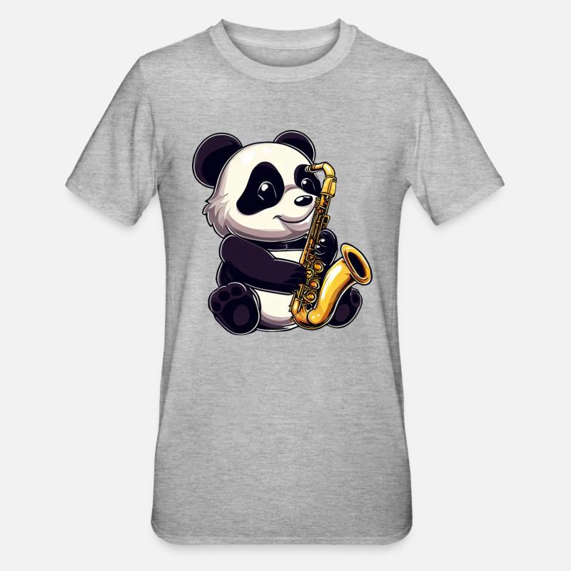 Panda mignon avec un saxophone - T-shirt polycoton Unisexe - gris chiné